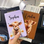 Personliga blommor Highland Cow läder passhållare bagagetagg set med namn resetillbehör födelsedagspresent för Highland Cow älskare