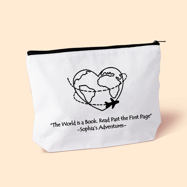 Personalised World Map Adventure Heart Airplane Route Canvas Makeup Bag with Name Travel Accessory Honeymoon Birthday Gift for Women Travel Lover