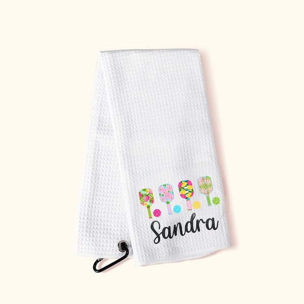 Personalised Colourful Pickleball Design Super Absorbent 100% Cotton Waffle Sport Towel with Name and Hanging Clip Gift for Pickleball Lovers