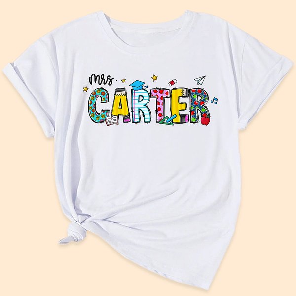Personalised Cute Pencil Apple Ruler Doodle Design 100% Cotton T-shirt with Text Teacher's Day Back To School Gift for Teacher