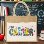 Personalised Cute Pencil Apple Large Jute Tote Bag with Text Teacher's Day Back to School Gift for Teacher