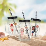 Personalised Cute Cartoon Girl Birth Flower 16oz Name Mason Jar with Handle Lid and Straw Beach Party Birthday Gift for Women
