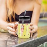 Personalised Cute Cartoon Girl Birth Flower 16oz Name Mason Jar with Handle Lid and Straw Beach Party Birthday Gift for Women