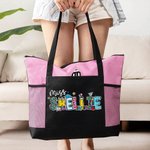 Sac à Main Zippé Canvas Personnalisé avec Nom Motif Crayon Cahier Pomme Lettre Florale Cadeau Remerciement Rentrée Scolaire pour Femmes