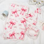 Personalised Pink Bow Soft Swaddle Blanket Knot Hat Headband Set  with Name Coming Home Outfit Baby Shower Gift for Newborns