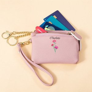 Personalized Birth Flower Leather Multiple Pocket Name Wristlet Clutch Wallet with Keychain Birthday Gift for Women