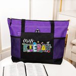 Sac à Main Zippé Canvas Personnalisé avec Nom Motif Crayon Cahier Pomme Lettre Florale Cadeau Remerciement Rentrée Scolaire pour Femmes