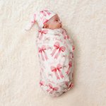 Personalised Pink Bow Soft Swaddle Blanket Knot Hat Headband Set  with Name Coming Home Outfit Baby Shower Gift for Newborns