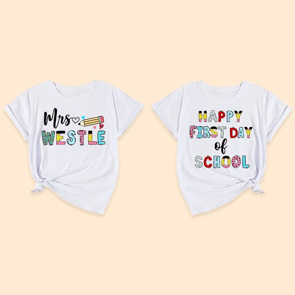 Personalised Happy First Day of School 100% Cotton Name T-shirt with Cute Pencil Apple Design Teacher's Day Back To School Gift for Teacher