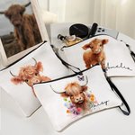 Personifierad Floral Highland Cow Linne Handledsväska Makeup Bag med namn Födelsedagspresent för kvinnor Highland Cow Lovers