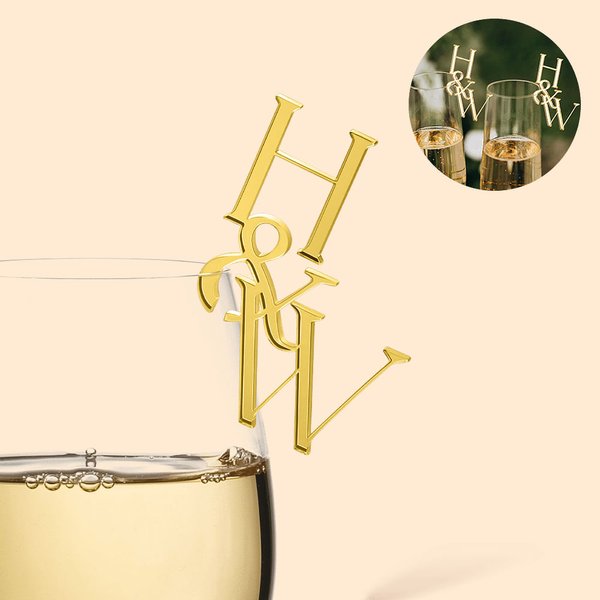 Initials Drink Topper Acrylic Mirror Tags Anniversary Wedding Party Favor Gift for Couple