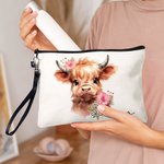 Personifierad Floral Highland Cow Linne Handledsväska Makeup Bag med namn Födelsedagspresent för kvinnor Highland Cow Lovers