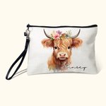 Personifierad Floral Highland Cow Linne Handledsväska Makeup Bag med namn Födelsedagspresent för kvinnor Highland Cow Lovers
