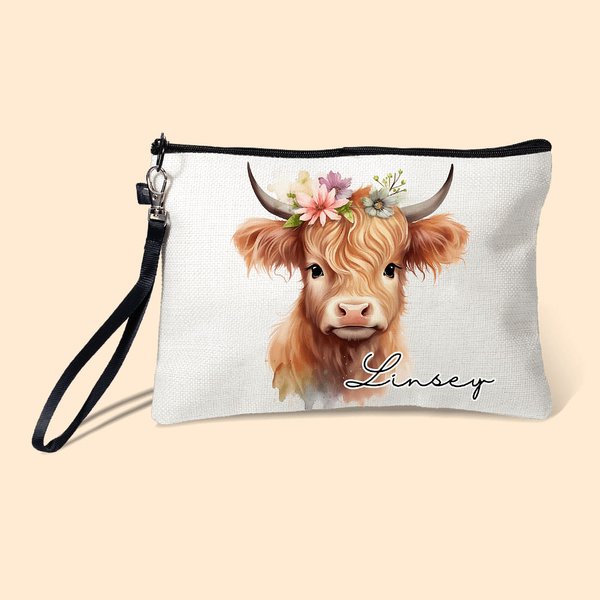 Personalized Floral Highland Cow Linen Wristlet Makeup Bag with Name Birthday Gift for Women Highland Cow Lovers