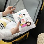 Personalised Cute Female Cartoon Character Airplane Canvas Makeup Bag with Name Birthday Travel Essentials Gift for Travel Lovers