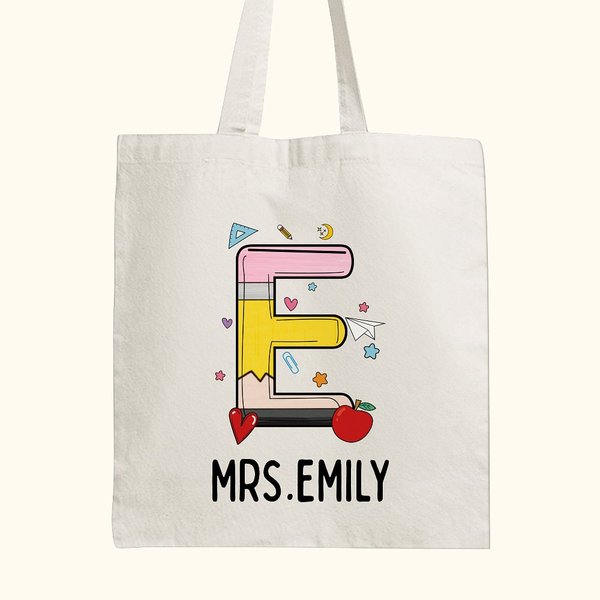 Gepersonaliseerde Pencil Apple Notebook Papier Elementen Fun Letter Canvas Tote Bag met Naam Waardering Terug naar School Gift voor Leraar