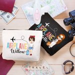 Personalised Cute Female Cartoon Character Airplane Canvas Makeup Bag with Name Birthday Travel Essentials Gift for Travel Lovers