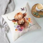 Personalisierte florale Hochlandkuh Wurfkissen Abdeckung mit Namen Home Dekoration Housewarming Geburtstag Geschenk für Hochlandkuh-Liebhaber