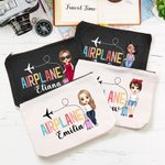Personalised Cute Female Cartoon Character Airplane Canvas Makeup Bag with Name Birthday Travel Essentials Gift for Travel Lovers