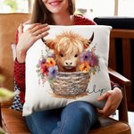 Personalisierte florale Hochlandkuh Wurfkissen Abdeckung mit Namen Home Dekoration Housewarming Geburtstag Geschenk für Hochlandkuh-Liebhaber