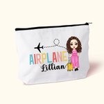 Personalised Cute Female Cartoon Character Airplane Canvas Makeup Bag with Name Birthday Travel Essentials Gift for Travel Lovers
