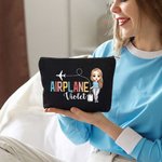 Personalised Cute Female Cartoon Character Airplane Canvas Makeup Bag with Name Birthday Travel Essentials Gift for Travel Lovers