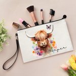 Personifierad Floral Highland Cow Linne Handledsväska Makeup Bag med namn Födelsedagspresent för kvinnor Highland Cow Lovers
