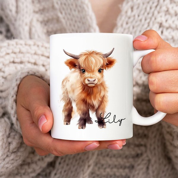 Tasse en céramique personnalisée avec nom pour les amoureux des vaches des Highlands