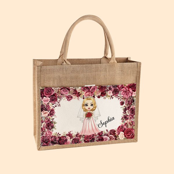 Personalised Reusable Floral Front Pocket Jute Tote Bag with Name Wedding Bridal Shower Gift for Women