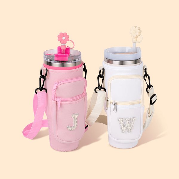 Henkilökohtainen Pearl Initial vesipullo Carrier Bag pussi 40oz Stanley Tumbler säädettävä hihna ja olki Topper syntymäpäivälahja hänelle