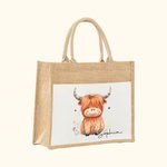 Personalized Cute Watercolour Highland Cow Large Jute Tote Bag with Name and Cotton Pocket Birthday Gift for Highland Cow Lovers