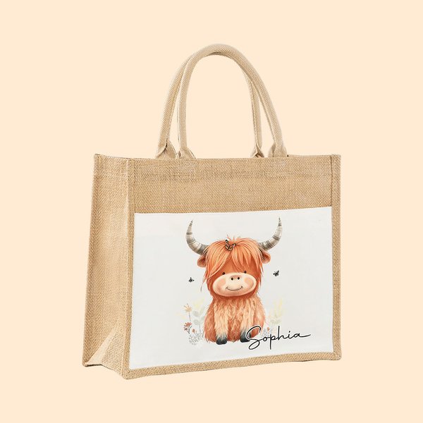 Personalised Cute Watercolour Highland Cow Large Jute Tote Bag with Name and Cotton Pocket Birthday Gift for Highland Cow Lovers