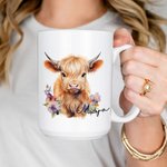 Personalisierte niedliche Cartoon Hochlandkuh Keramikbecher mit Namen Geschenk für Hochlandkuh-Liebhaber