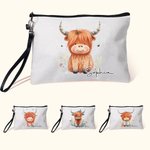 Personalized Cute Highland Cow Women Wristlet Makeup Bag with Name Travel Essentials Birthday Gift for Cowgirl Cow Lovers