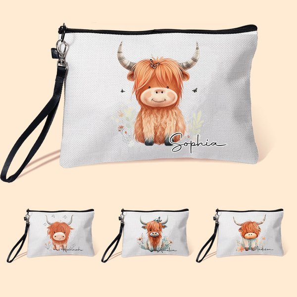 Personalised Cute Highland Cow Women Wristlet Makeup Bag with Name Travel Essentials Birthday Gift for Cowgirl Cow Lovers