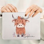 Personalized Cute Highland Cow Women Wristlet Makeup Bag with Name Travel Essentials Birthday Gift for Cowgirl Cow Lovers