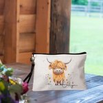 Personalized Cute Highland Cow Women Wristlet Makeup Bag with Name Travel Essentials Birthday Gift for Cowgirl Cow Lovers
