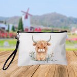 Personalized Cute Highland Cow Women Wristlet Makeup Bag with Name Travel Essentials Birthday Gift for Cowgirl Cow Lovers