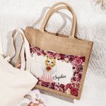 Personalised Reusable Floral Front Pocket Jute Tote Bag with Name Wedding Bridal Shower Gift for Women