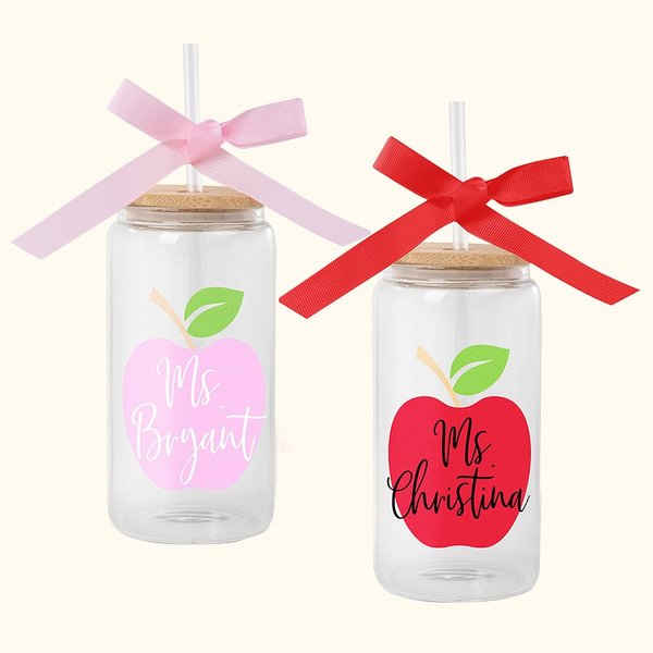 Bicchiere di vetro personalizzato Teacher Apple da 16 oz con coperchio in bambù, cannuccia e nastro Regalo di apprezzamento per l'insegnante a scuola