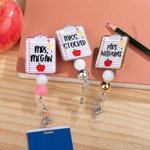 Personalised Glitter Clipboard Pencil Apple Design Retractable Beaded Acrylic Badge Reel with Name Back to School Appreciation Gift for Teacher