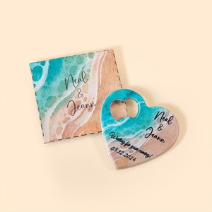 Personalized 5 Pieces Heart Shape Beach Magnetic Bottle Openers with Text and Card Pack Bride Shower Wedding Party Favor Gift for Guests