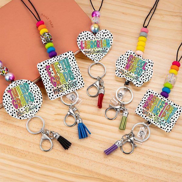 Personalized Dalmatian Dots Colorful Doodle Letter Acrylic Beaded Lanyard Badge Reel with Name and Tassel Back to School Appreciation Gift for Teacher