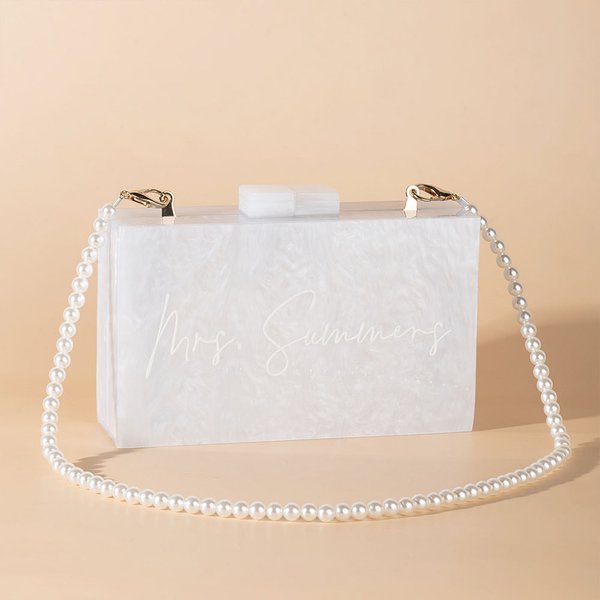 Personalized Minimalist Pearl Chain Handbag Acrylic Clutch Handbag with Name Wedding Bridal Shower Bachelorette Party Gift for Women