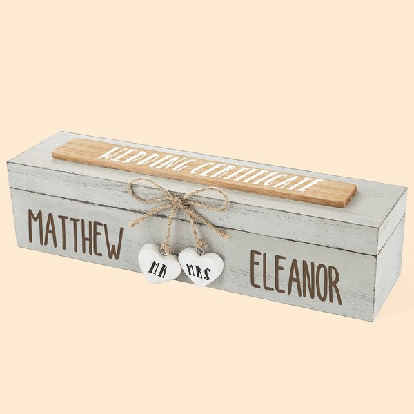 Personalised Wedding Certificate Wooden Storage Box with Mr And Mrs Heart Charms Wedding Gift for Couple