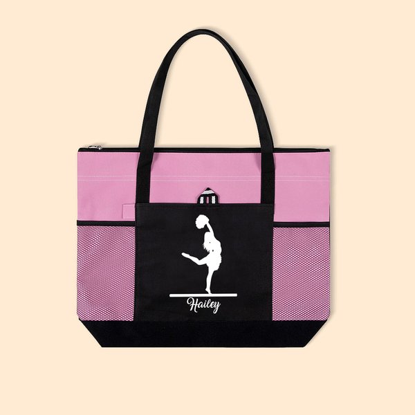 Personalised Cheerleader Silhouette Large Zippered Tote Bag with Name Birthday Cheerleading Gift for Women Girls