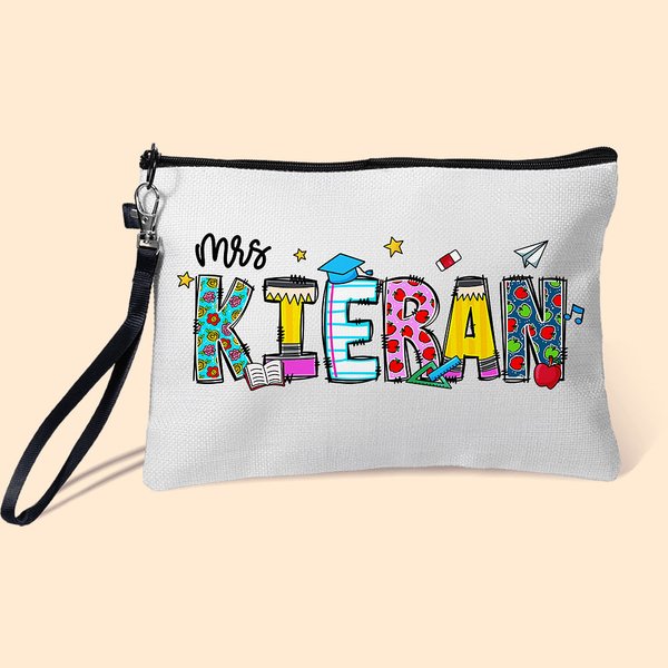 Personalised Pencil Apple Notebook Floral Doodle Letter Linen Wristlet Pencil Case Bag Back to School Appreciation Gift for Teacher