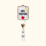 Personalised Glitter Clipboard Pencil Apple Design Retractable Beaded Acrylic Badge Reel with Name Back to School Appreciation Gift for Teacher