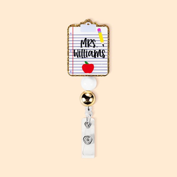 Personalized Glitter Clipboard Pencil Apple Design Retractable Beaded Acrylic Badge Reel with Name Back to School Appreciation Gift for Teacher