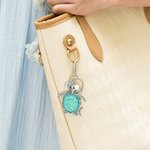 Personalized Sea Turtle Starfish Ocean Theme Keychain Bag Charm with Engraved Initial Disc and Turquoise Pearl Birthday Gift for Women Turtle Lovers